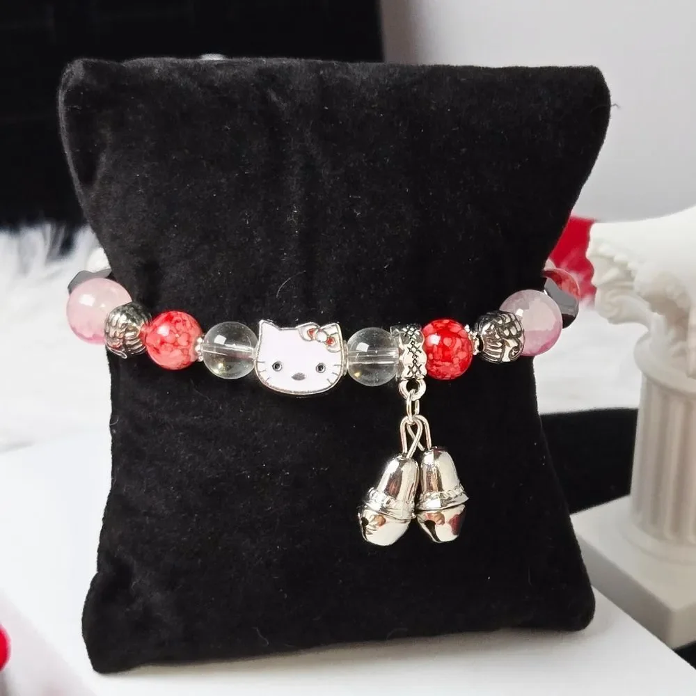 Hello Kitty Beaded Bracelet Pink Marble Resin Hematite Heart Bell Charm Kawaii